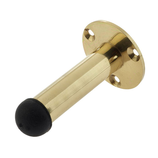 This is an image showing the Frelan - 64mm Cylinder Wall Mounted Door Stop on Rose - Polished Brass available to order from T.H. Wiggans Ironmongery in Kendal