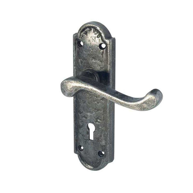 This is an image showing the Frelan - Turnberry Standard Lever Lock Handles on Backplate - Pewter available to order from T.H. Wiggans Ironmongery in Kendal