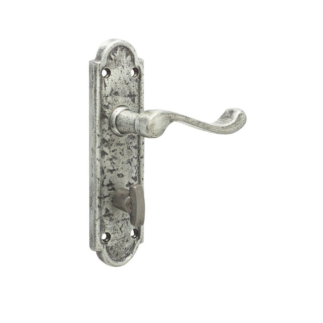 This is an image showing the Frelan - Turnberry Bathroom Lock Handles on Backplate - Pewter available to order from T.H. Wiggans Ironmongery in Kendal