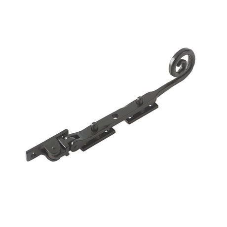 This is an image of a Frelan - Valley Forge 200mm Curly Tail Casement Stay - Black that is availble to order from T.H Wiggans Architectural Ironmongery in Kendal in Kendal.