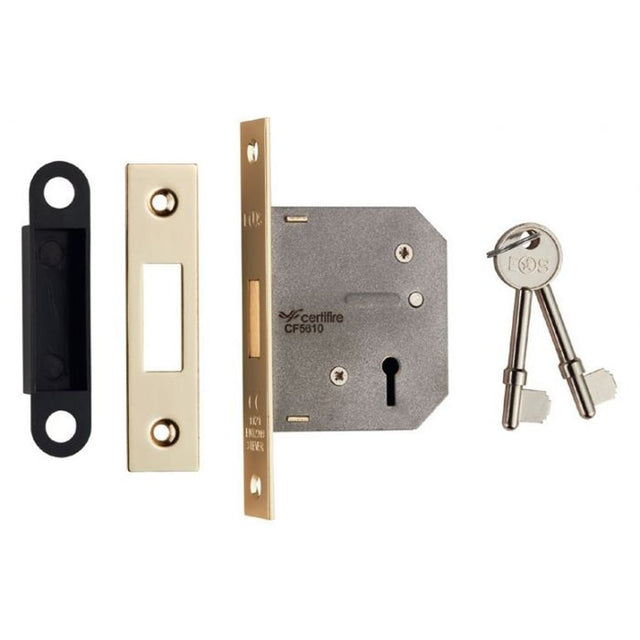 This is an image of a Eurospec - Lever Deadlock 64mm - Electro Brassed that is availble to order from T.H Wiggans Architectural Ironmongery in Kendal.