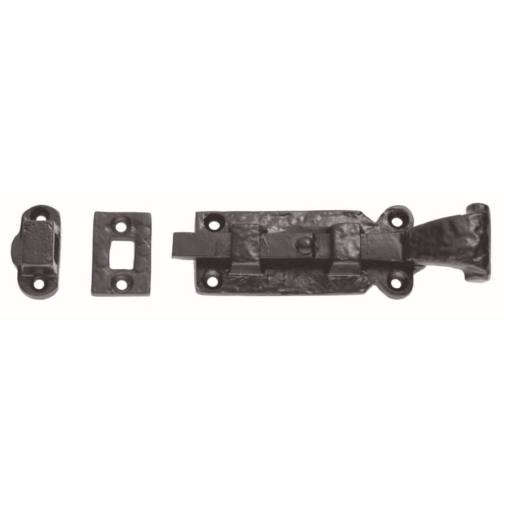 This is an image of a Ludlow - Straight Door Bolt 152mm - Black Antique that is availble to order from T.H Wiggans Architectural Ironmongery in Kendal in Kendal.