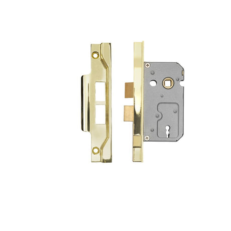 This is an image of a Eurospec - Contract 2 Lever Sashlock Rebated 64mm - Electro Brassed that is availble to order from T.H Wiggans Architectural Ironmongery in Kendal.