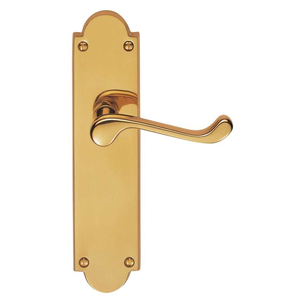 This is an image of Carlisle Brass - Victorian Scroll Lever on Shaped Latch Backplate - Polished Bra available to order from T.H Wiggans Architectural Ironmongery in Kendal, quick delivery and discounted prices.