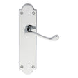 This is an image of Carlisle Brass - Victorian Scroll Lever on Shaped Latch Backplate - Polished Chr available to order from T.H Wiggans Architectural Ironmongery in Kendal, quick delivery and discounted prices.