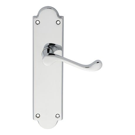 This is an image of Carlisle Brass - Victorian Scroll Lever on Shaped Latch Backplate - Polished Chr available to order from T.H Wiggans Architectural Ironmongery in Kendal, quick delivery and discounted prices.