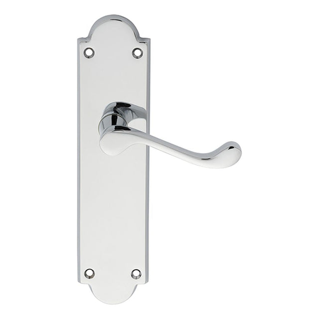 This is an image of Carlisle Brass - Victorian Scroll Lever on Shaped Latch Backplate - Polished Chr available to order from T.H Wiggans Architectural Ironmongery in Kendal, quick delivery and discounted prices.