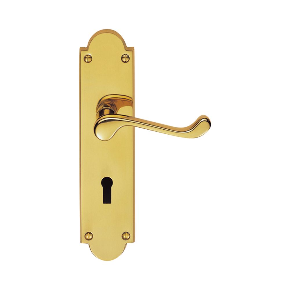 This is an image of Carlisle Brass - Victorian Scroll Lever on Shaped Lock Backplate - Polished Bras available to order from T.H Wiggans Architectural Ironmongery in Kendal, quick delivery and discounted prices.