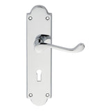 This is an image of Carlisle Brass - Victorian Scroll Lever on Shaped Lock Backplate - Polished Chro available to order from T.H Wiggans Architectural Ironmongery in Kendal, quick delivery and discounted prices.