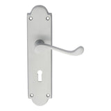 This is an image of Carlisle Brass - Victorian Scroll Lever on Shaped Lock Backplate - Satin Chrome available to order from T.H Wiggans Architectural Ironmongery in Kendal, quick delivery and discounted prices.