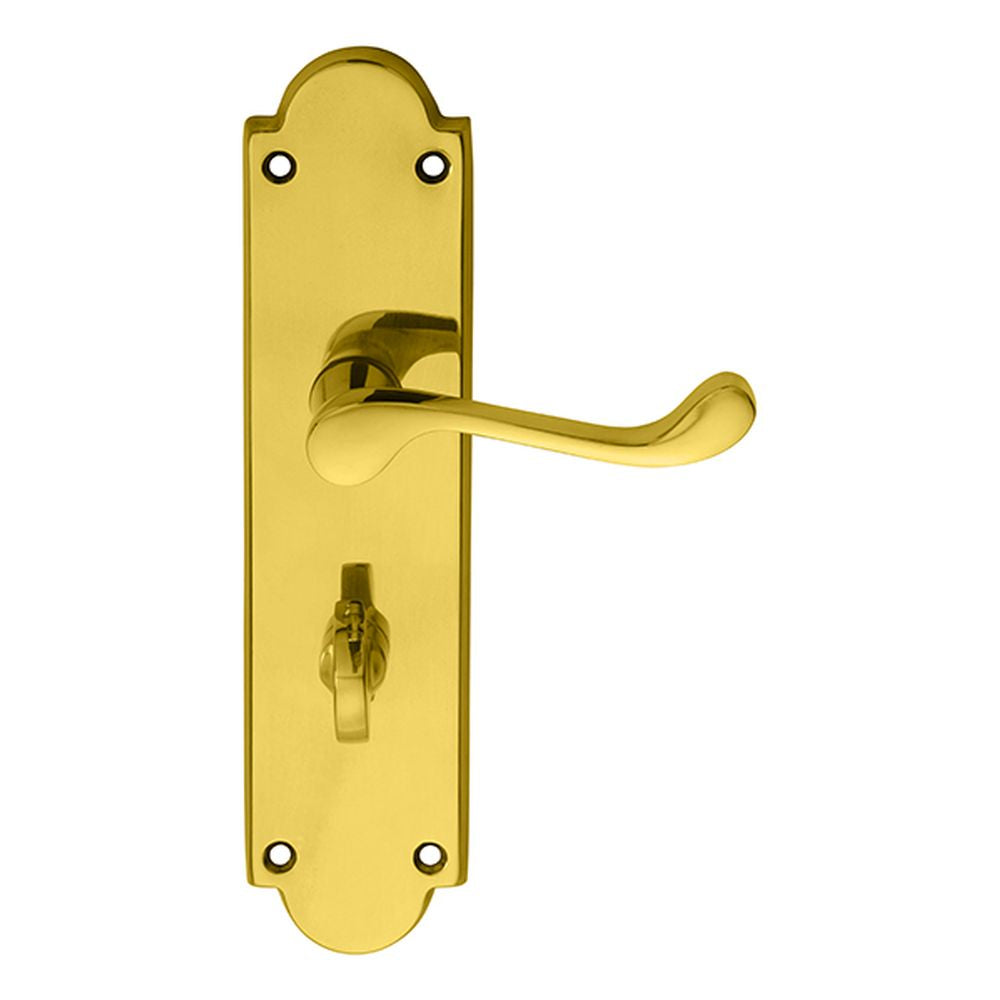 This is an image of Carlisle Brass - Victorian Scroll Lever on Shaped WC Backplate - Polished Brass available to order from T.H Wiggans Architectural Ironmongery in Kendal, quick delivery and discounted prices.