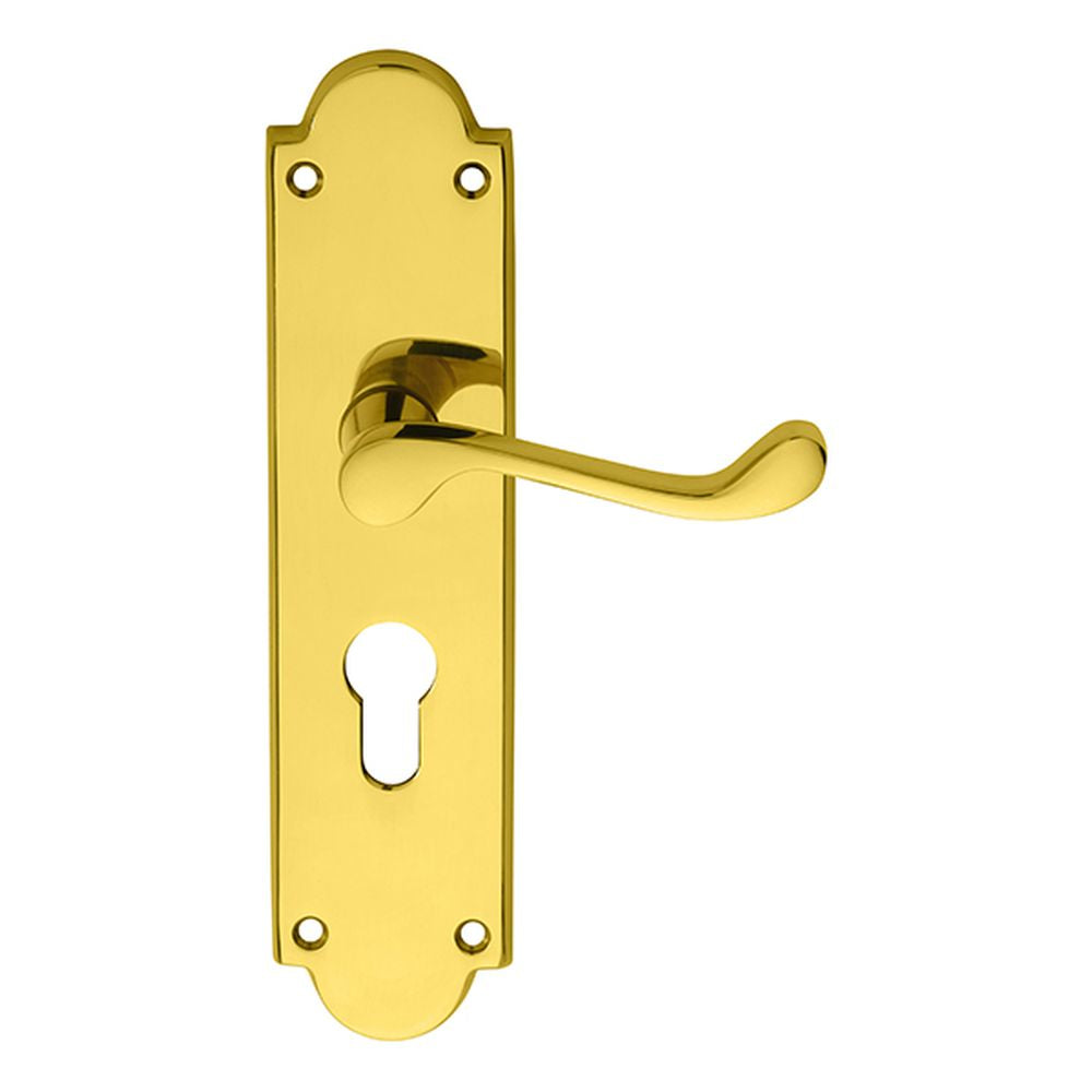 This is an image of Carlisle Brass - Victorian Scroll Lever on Shaped Euro Lock Backplate - Polished available to order from T.H Wiggans Architectural Ironmongery in Kendal, quick delivery and discounted prices.