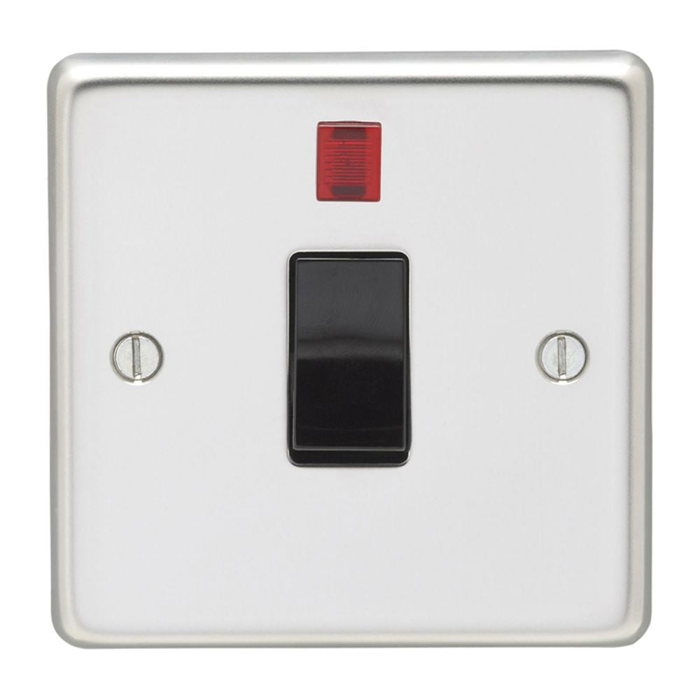 This is an image showing Eurolite Stainless Steel 20Amp Switch with Neon Indicator - Polished Stainless Steel (With Black Trim) pss20aswnb available to order from T.H. Wiggans Ironmongery in Kendal, quick delivery and discounted prices.