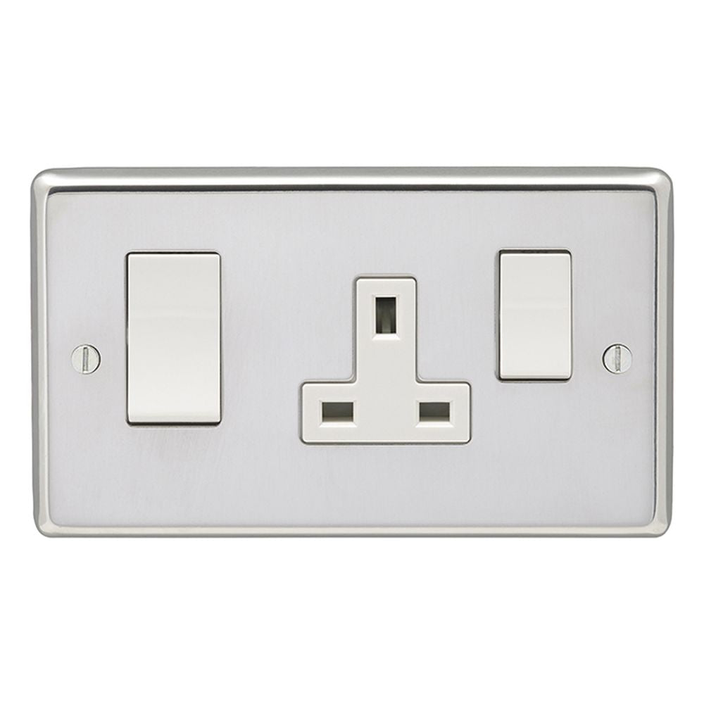 This is an image showing Eurolite Stainless Steel 45Amp Switch with a socket - Polished Stainless Steel (With White Trim) pss45aswasw available to order from T.H. Wiggans Ironmongery in Kendal, quick delivery and discounted prices.