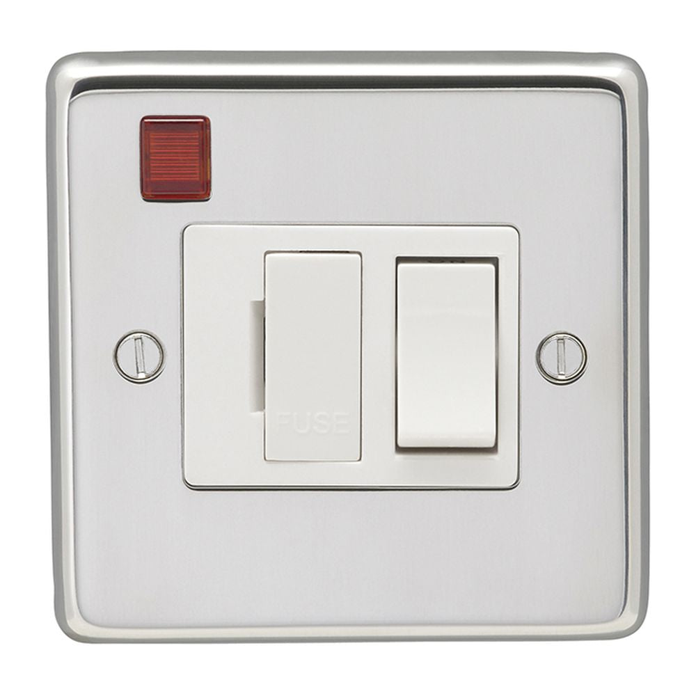 This is an image showing Eurolite Stainless Steel Switched Fuse Spur - Polished Stainless Steel (With White Trim) pssswfnw available to order from T.H. Wiggans Ironmongery in Kendal, quick delivery and discounted prices.