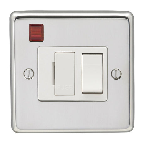 This is an image showing Eurolite Stainless Steel Switched Fuse Spur - Polished Stainless Steel (With White Trim) pssswfnw available to order from T.H. Wiggans Ironmongery in Kendal, quick delivery and discounted prices.