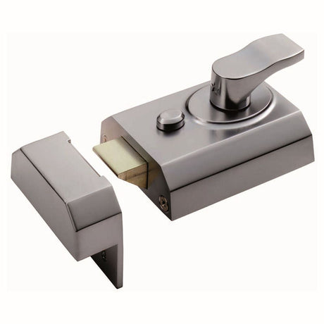 This is an image of a Eurospec - Contract Rim Cylinder Nightlatch 60mm - Satin Chrome that is availble to order from T.H Wiggans Architectural Ironmongery in Kendal.