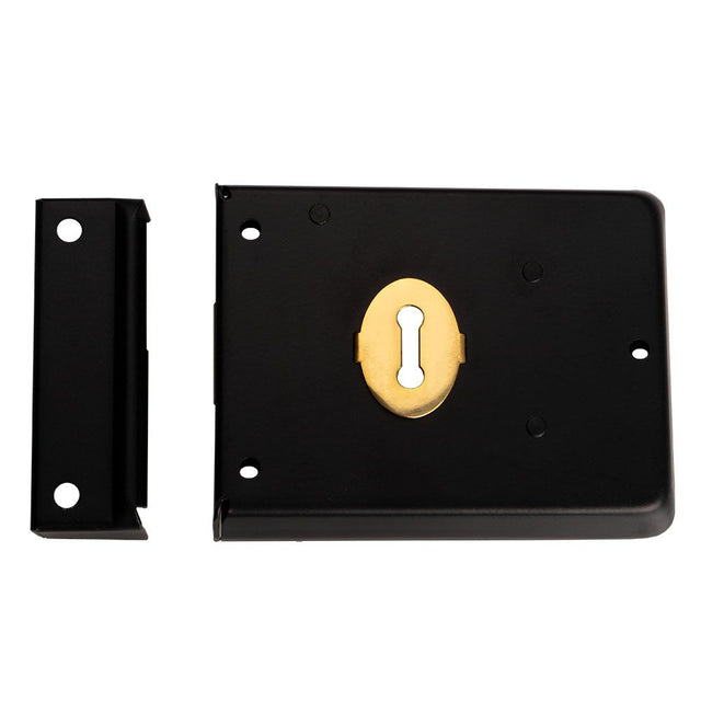 This is an image of a Eurospec - Traditional Rim Deadlock - Black Japanned that is availble to order from T.H Wiggans Architectural Ironmongery in Kendal.