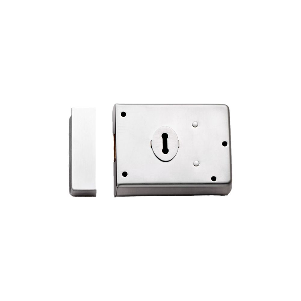 This is an image of a Eurospec - Traditional Rim Deadlock - Satin Chrome that is availble to order from T.H Wiggans Architectural Ironmongery in Kendal.