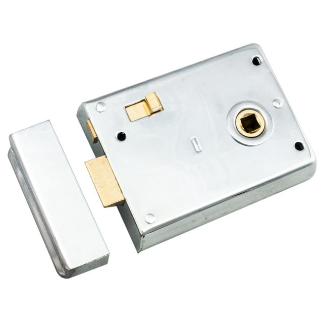 This is an image of a Eurospec - Traditional Rim Latch - Satin Chrome that is availble to order from T.H Wiggans Architectural Ironmongery in Kendal.