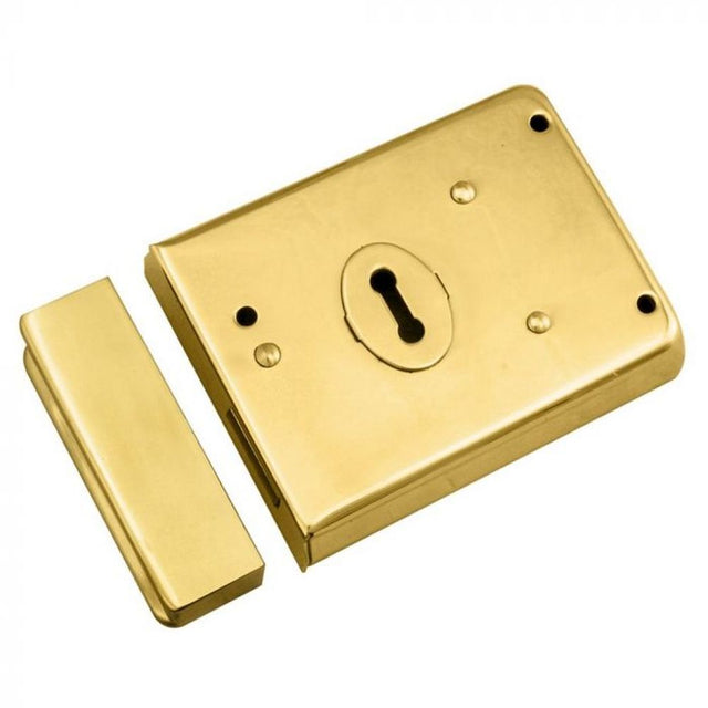 This is an image of a Eurospec - Traditional Rim Deadlock - Polished Brass that is availble to order from T.H Wiggans Architectural Ironmongery in Kendal.