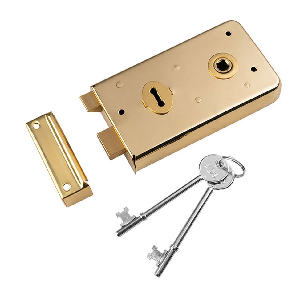 This is an image of a Eurospec - Traditional Rim Deadlock - Polished Brass that is availble to order from T.H Wiggans Architectural Ironmongery in Kendal.