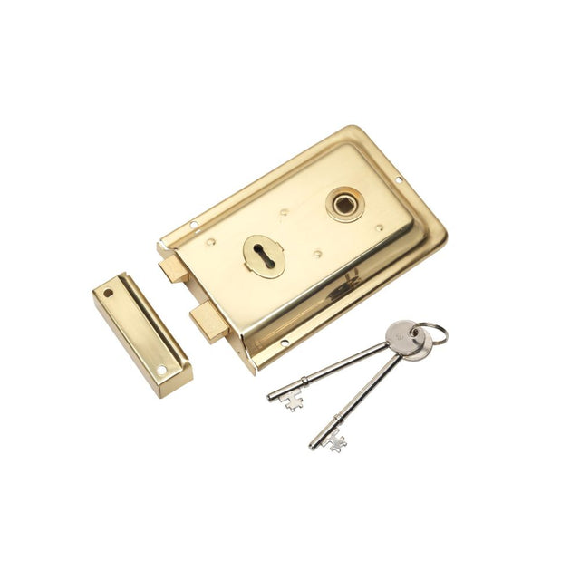 This is an image of a Eurospec - Traditional Rim Deadlock - Polished Brass that is availble to order from T.H Wiggans Architectural Ironmongery in Kendal.