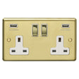 This is an image showing Eurolite Stainless Steel 2 Gang USB Socket - Satin Brass (With White Trim) sb2usbpbw available to order from T.H. Wiggans Ironmongery in Kendal, quick delivery and discounted prices.