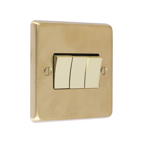 This is an image showing Eurolite Stainless Steel 3 Gang Switch - Satin Brass (With White Trim) sb3sww available to order from T.H. Wiggans Ironmongery in Kendal, quick delivery and discounted prices.