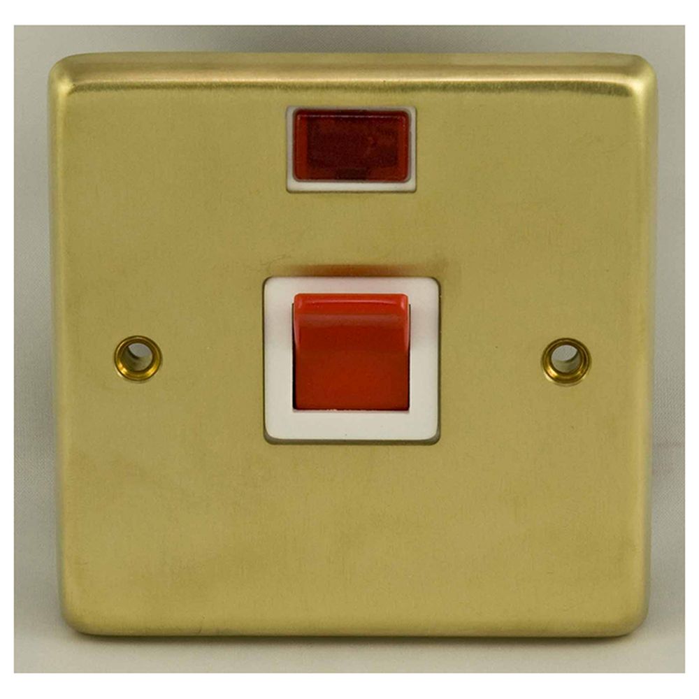 This is an image showing Eurolite Stainless Steel 45Amp Switch with Neon Indicator - Satin Brass (With White Trim) sb45aswnsw available to order from T.H. Wiggans Ironmongery in Kendal, quick delivery and discounted prices.