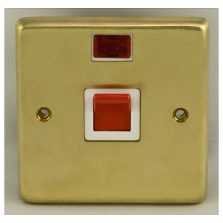 This is an image showing Eurolite Stainless Steel 45Amp Switch with Neon Indicator - Satin Brass (With White Trim) sb45aswnsw available to order from T.H. Wiggans Ironmongery in Kendal, quick delivery and discounted prices.