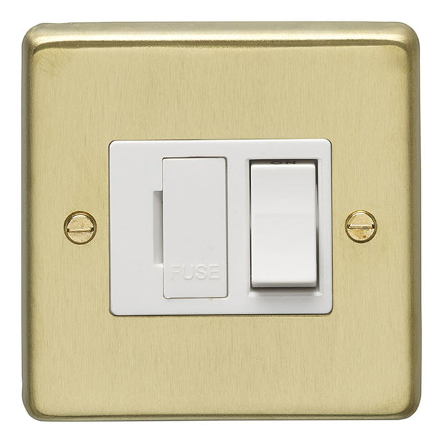 This is an image showing Eurolite Stainless Steel Switched Fuse Spur - Satin Brass (With White Trim) sbswfw available to order from T.H. Wiggans Ironmongery in Kendal, quick delivery and discounted prices.