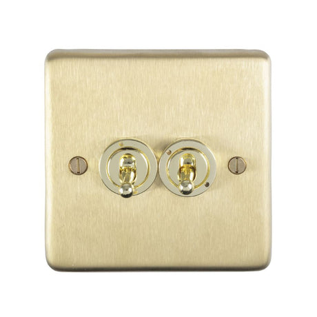 This is an image showing Eurolite Stainless Steel 2 Gang Toggle Switch - Satin Brass (With White Trim) sbt2sw available to order from T.H. Wiggans Ironmongery in Kendal, quick delivery and discounted prices.