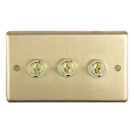 This is an image showing Eurolite Stainless Steel 3 Gang Toggle Switch - Satin Brass (With White Trim) sbt3sw available to order from T.H. Wiggans Ironmongery in Kendal, quick delivery and discounted prices.
