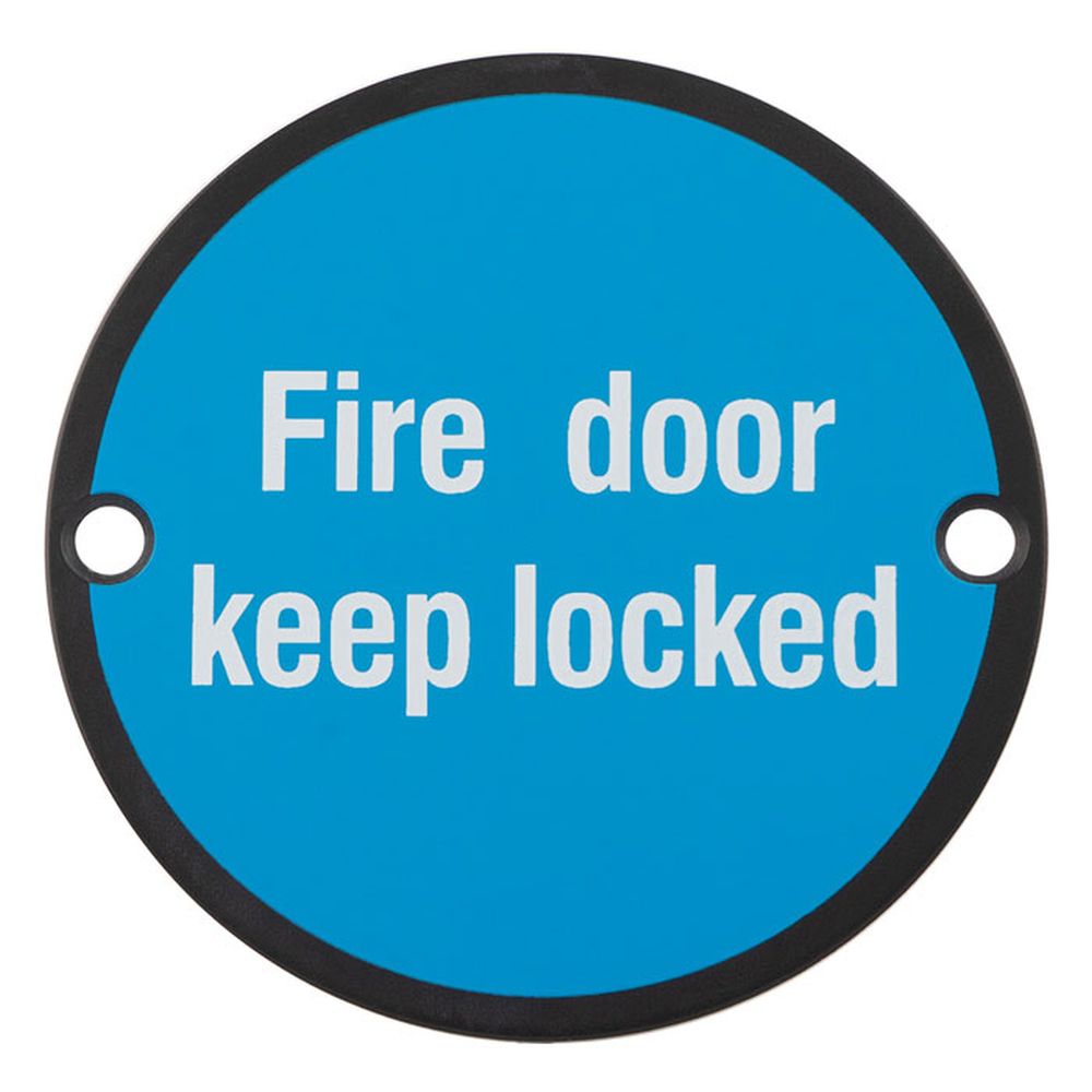 This is an image of Carlisle Brass - Signage Fire Door - Keep Locked - Matt Black available to order from T.H Wiggans Architectural Ironmongery in Kendal, quick delivery and discounted prices.