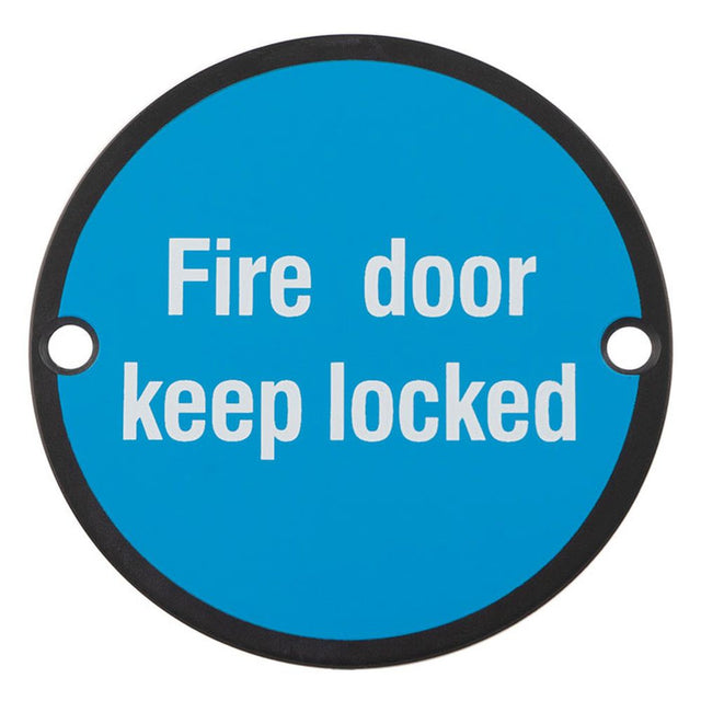 This is an image of Carlisle Brass - Signage Fire Door - Keep Locked - Matt Black available to order from T.H Wiggans Architectural Ironmongery in Kendal, quick delivery and discounted prices.