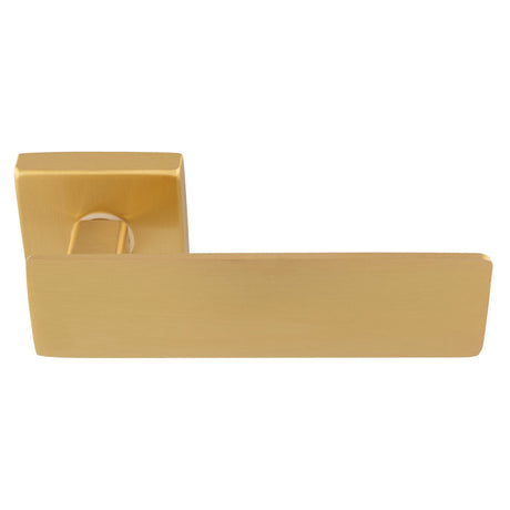 This is an image of a Manital - Spring Lever on Square Rose - Satin Brass sg5sb that is availble to order from T.H Wiggans Ironmongery in Kendal.