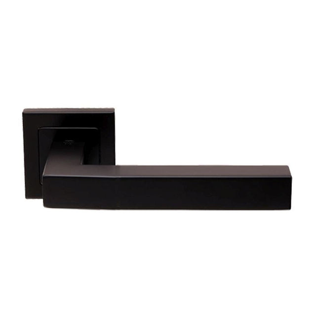 This is an image of Eurospec - Alvar Designer Lever on Sprung Square Rose - Matt Black available to order from T.H Wiggans Architectural Ironmongery in Kendal, quick delivery and discounted prices.