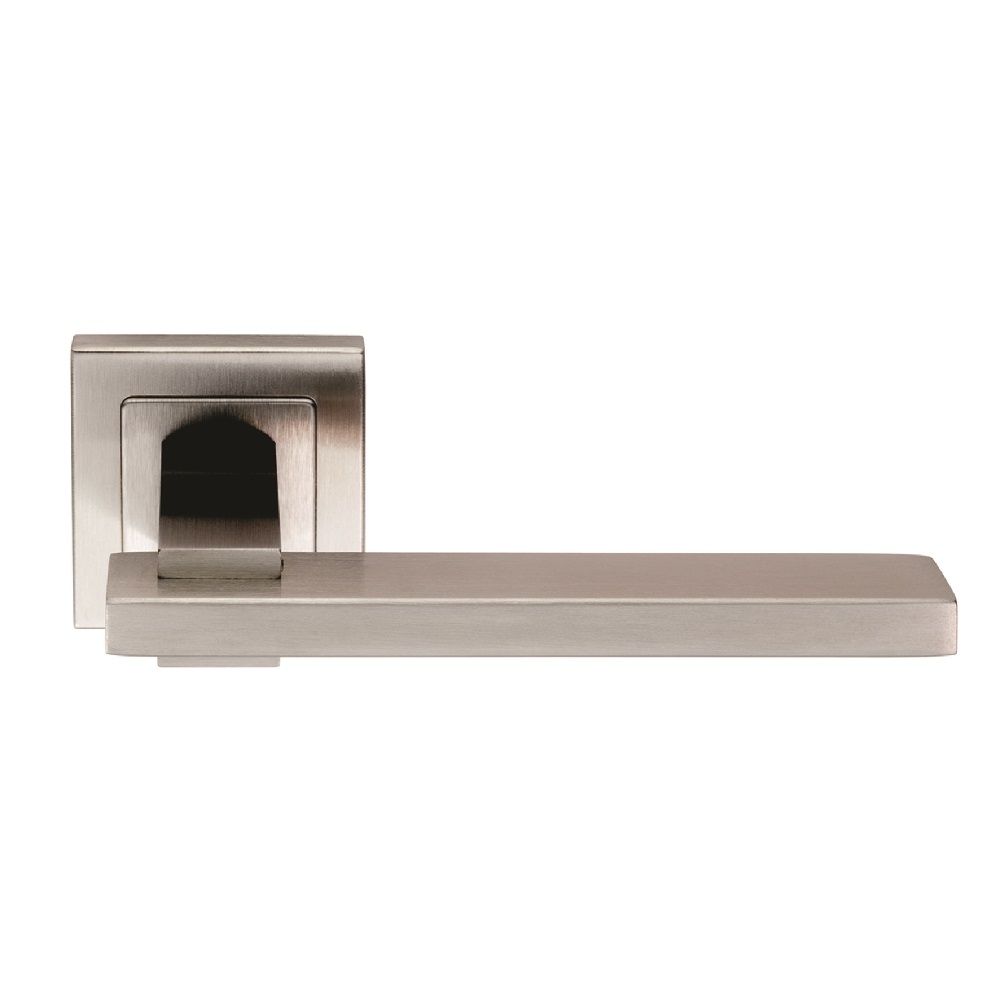 This is an image of Eurospec - Tange Designer Lever on Sprung Square Rose - Satin Stainless Steel available to order from T.H Wiggans Architectural Ironmongery in Kendal, quick delivery and discounted prices.