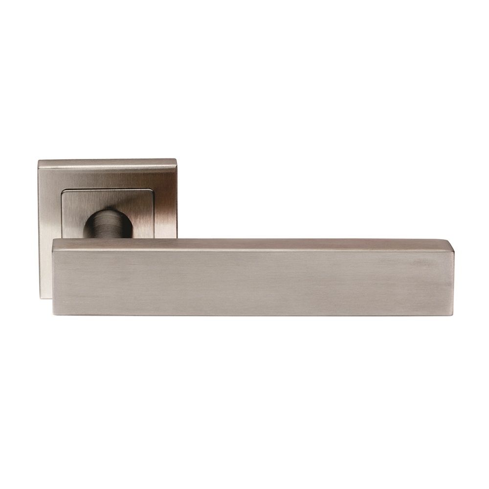 This is an image of Eurospec - Carla Designer Lever on Sprung Square Rose - Satin Stainless Steel available to order from T.H Wiggans Architectural Ironmongery in Kendal, quick delivery and discounted prices.