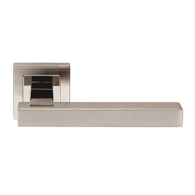 This is an image of Eurospec - Renzo Designer Lever on Sprung Square Rose - Bright/Satin Stainless S available to order from T.H Wiggans Architectural Ironmongery in Kendal, quick delivery and discounted prices.