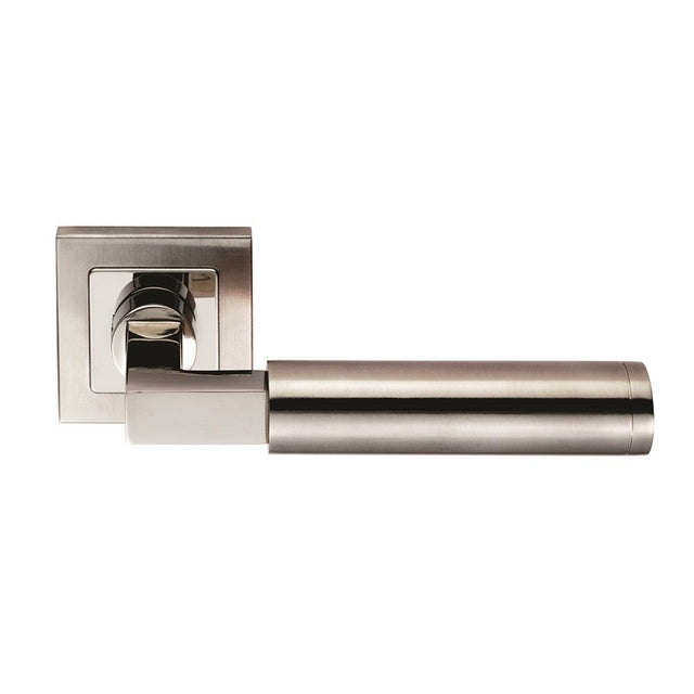 This is an image of Eurospec - Fagus Designer Lever on Sprung Square Rose - Bright/Satin Stainless S available to order from T.H Wiggans Architectural Ironmongery in Kendal, quick delivery and discounted prices.