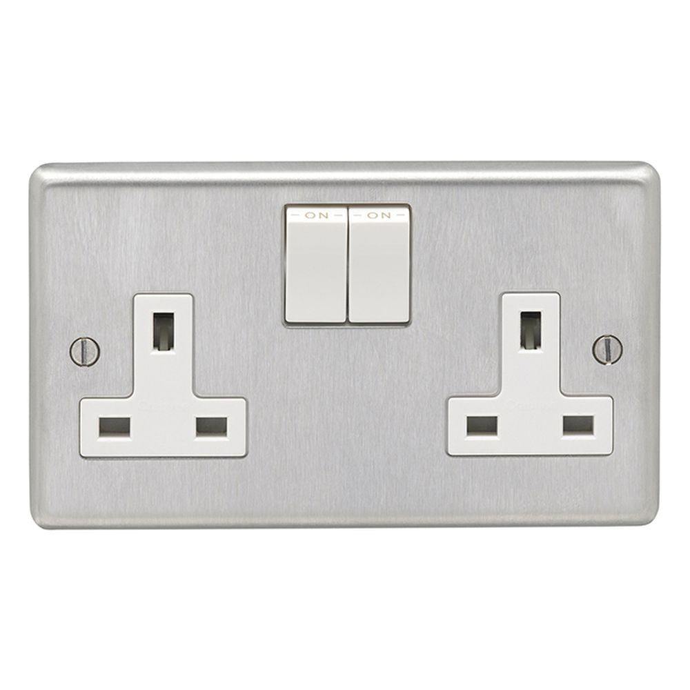 This is an image showing Eurolite Stainless Steel 2 Gang Socket - Satin Stainless Steel (With White Trim) sss2sow available to order from T.H. Wiggans Ironmongery in Kendal, quick delivery and discounted prices.