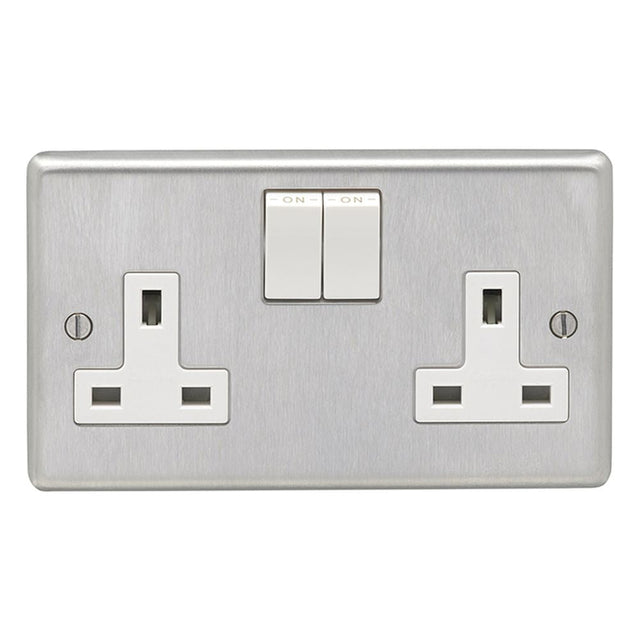 This is an image showing Eurolite Stainless Steel 2 Gang Socket - Satin Stainless Steel (With White Trim) sss2sow available to order from T.H. Wiggans Ironmongery in Kendal, quick delivery and discounted prices.
