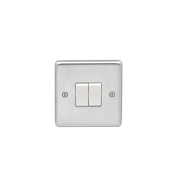 This is an image showing Eurolite Stainless Steel 2 Gang Switch - Satin Stainless Steel (With White Trim) sss2sww available to order from T.H. Wiggans Ironmongery in Kendal, quick delivery and discounted prices.