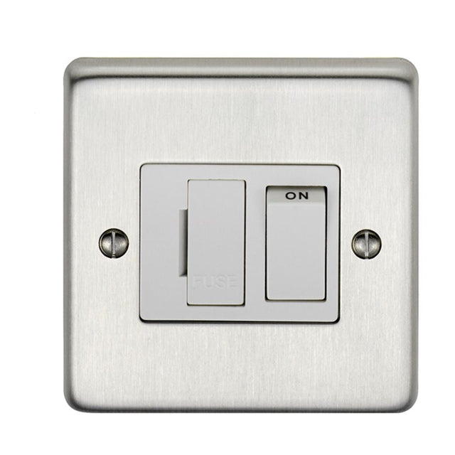 This is an image showing Eurolite Stainless Steel Switched Fuse Spur - Satin Stainless Steel (With White Trim) sssswfw available to order from T.H. Wiggans Ironmongery in Kendal, quick delivery and discounted prices.