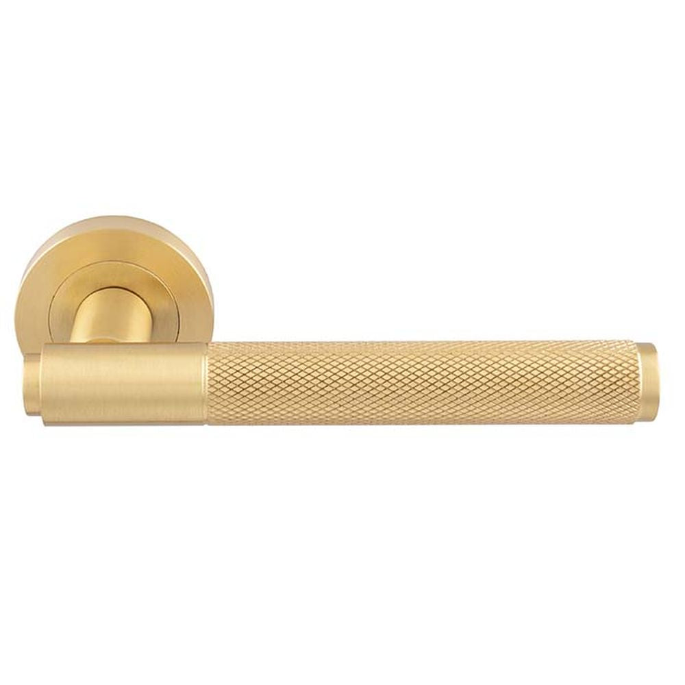 This is an image of Manital - Syntax Lever On round Rose - Satin Brass available to order from T.H Wiggans Architectural Ironmongery in Kendal, quick delivery and discounted prices.