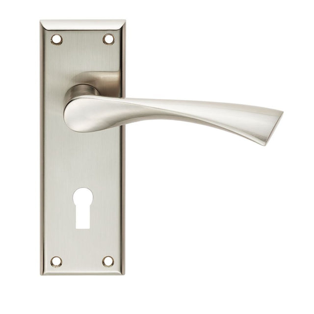 This is an image of Serozzetta - Venti Lever on Lock Backplate - Satin Nickel available to order from T.H Wiggans Architectural Ironmongery in Kendal, quick delivery and discounted prices.