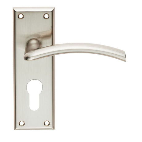 This is an image of Serozzetta - Trenta Lever on Euro Lock Backplate - Satin Nickel available to order from T.H Wiggans Architectural Ironmongery in Kendal, quick delivery and discounted prices.