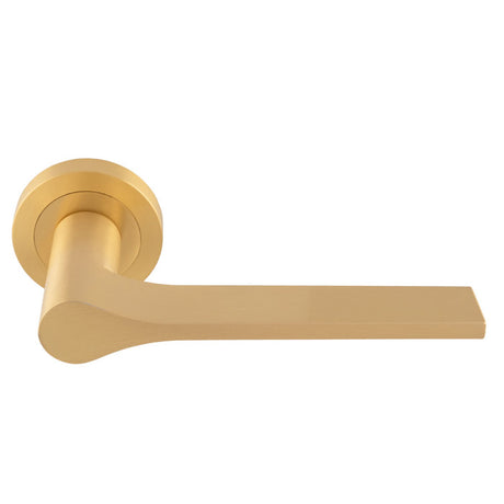 This is an image of a Manital - Vela Lever on Round Rose - Satin Brass vv5sb that is availble to order from T.H Wiggans Ironmongery in Kendal.